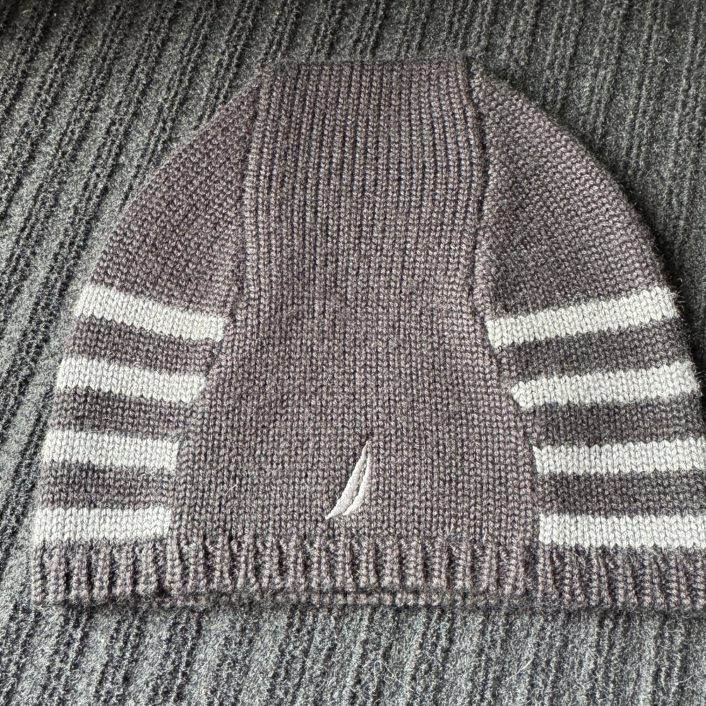 Nautica Mens Knit Beanie Hat Gray Striped One Size